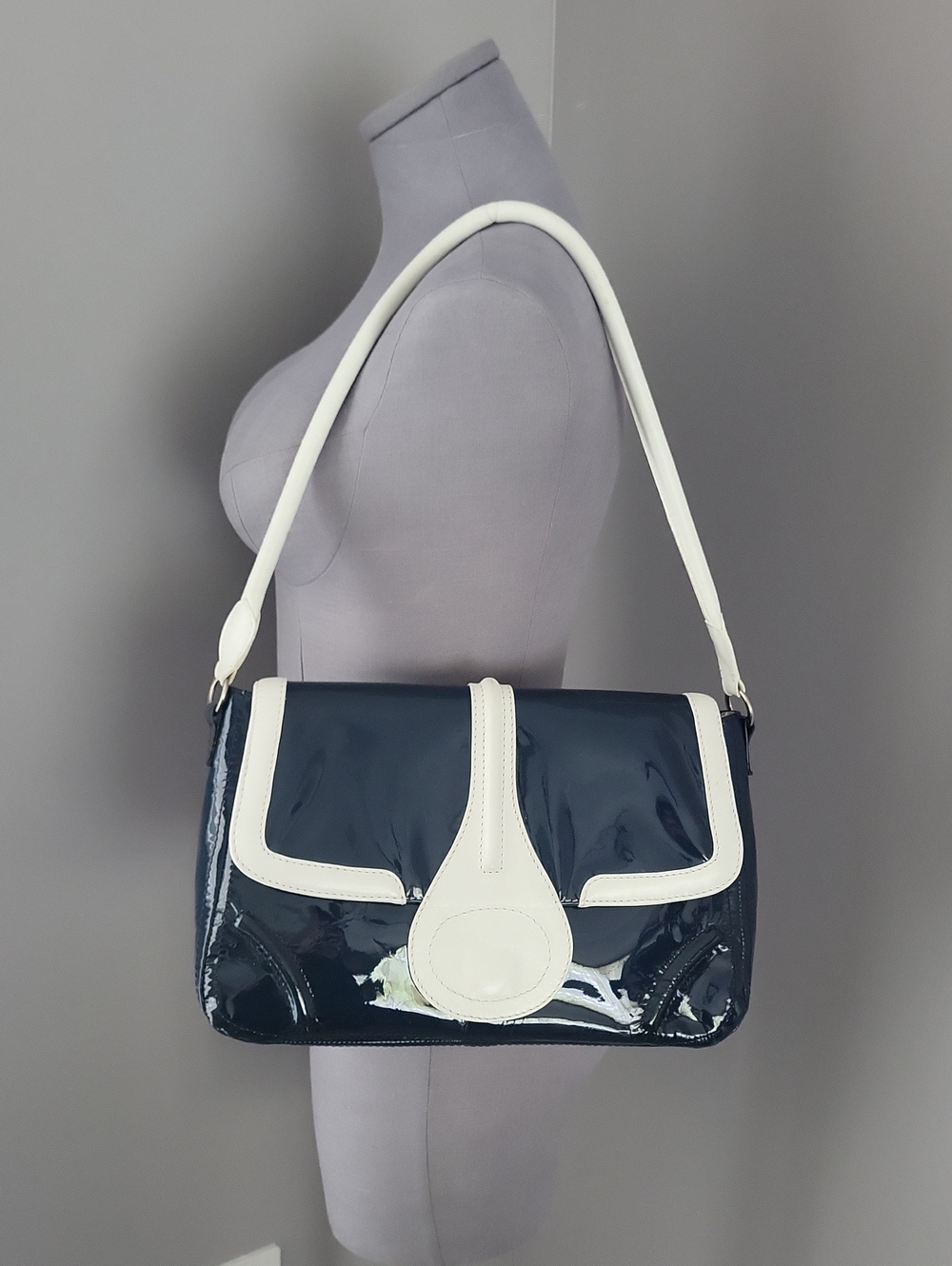 Vintage 90s Genuine Patent Leather Colorblock Mod Shoulder Bag/Made in Portugal